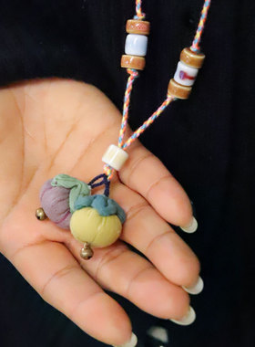 先锋书店手工小柿子珠串项链女长款毛衣链中式植物染复古风吊坠