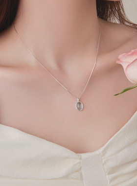 925纯银海蓝宝月光石椭圆蛇骨项链高级感锁骨链玉石吊坠饰品颈链