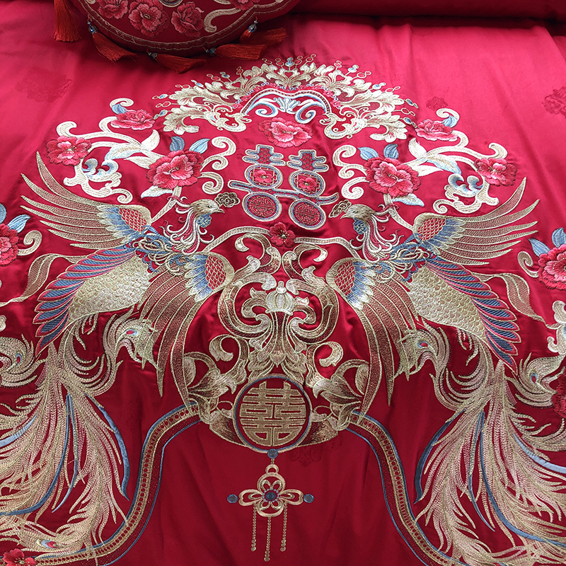 高端140支匹马棉四件套全棉婚庆刺绣被套大红色中式新婚床上用品 - 图2
