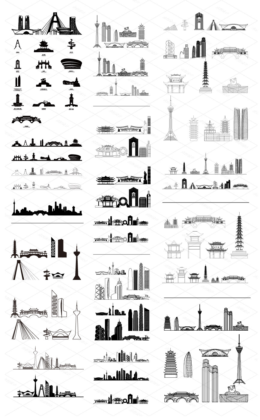 成都四川城市地标建筑天际线条描稿设计素材手绘景观旅游剪影插画,淘宝优惠券,粉丝福利购,淘宝优惠卷