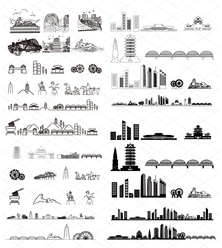 甘肃兰州筑市城建天际地标线条描稿剪影旅游景观手绘插画设计素材,淘宝优惠券,粉丝福利购,淘宝优惠卷