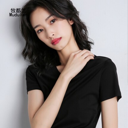 3牧都兰正肩纯棉T恤女韩版打底圆领2025修身显瘦自带腰线纯色上衣