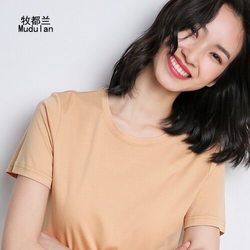 1牧都兰正肩纯棉T恤女韩版打底百搭修身自带显瘦腰线纯色上衣 - 图2