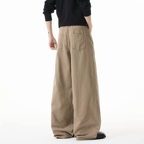 美拉德卡其色全棉牛仔裤男2026春季潮流阔腿休闲拖地长裤男女同款 - 图3