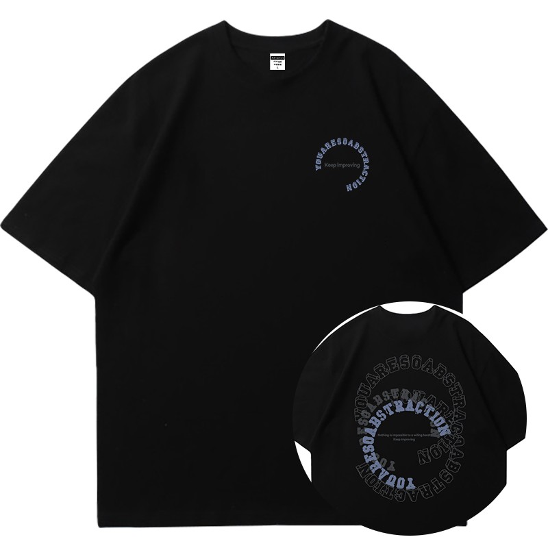 张艺兴同款夏季美式街头字母短袖t恤男oversize潮牌重磅黑色上衣 - 图0