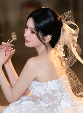 韩式森系新娘蕾丝蝴蝶结头纱