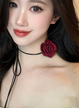 红色枯叶玫瑰花朵项链女轻奢感choker锁骨链山茶花颈链小香风