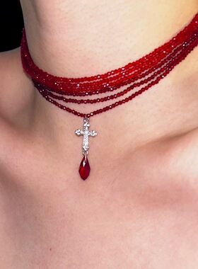 时尚甜酷多层红色水晶叠戴十字架吊坠项链小众气质叠戴颈链锁骨链