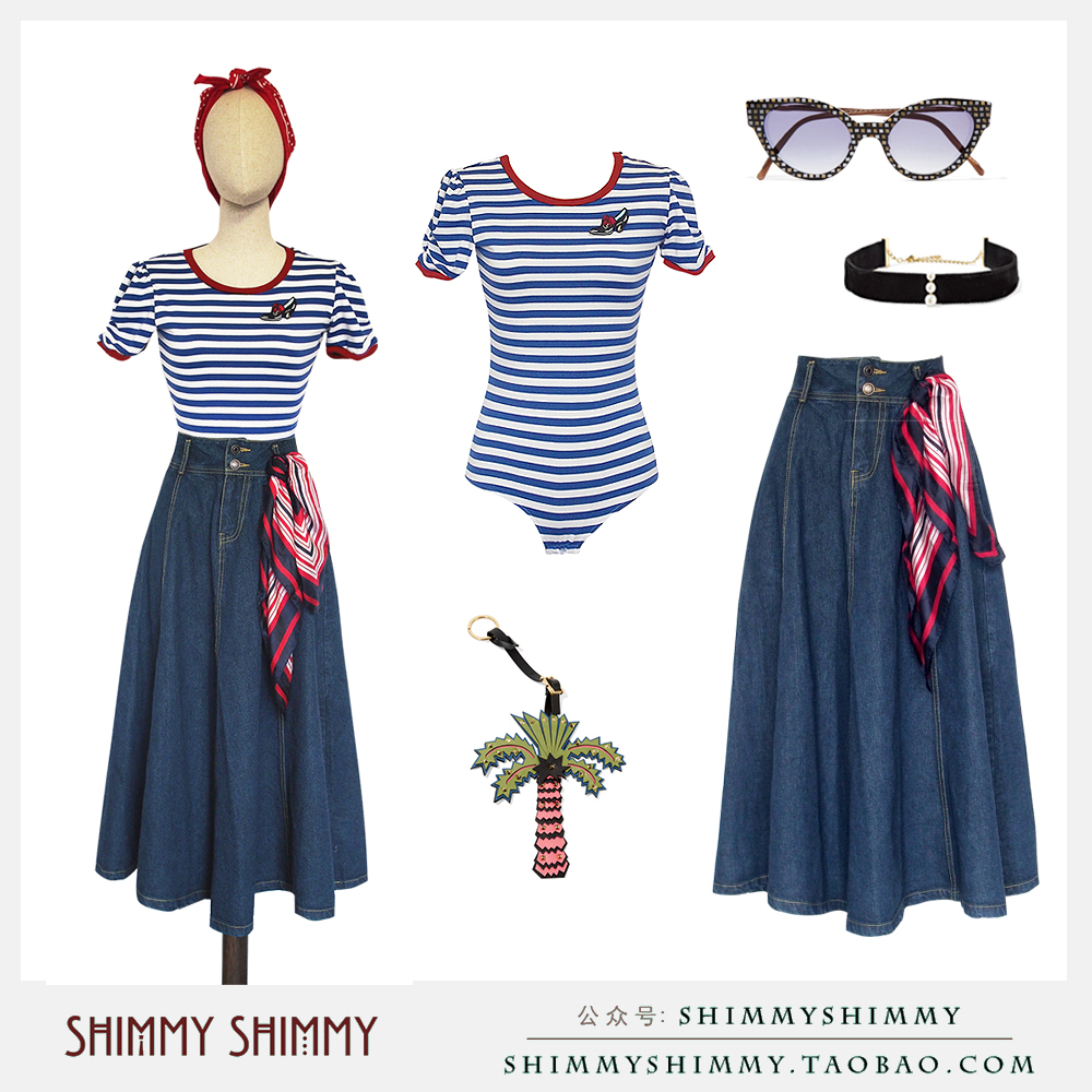 Shimmy Shimmy复古摇摆舞海军风蓝白条纹彩虹T恤bodysuit连体衣-图2