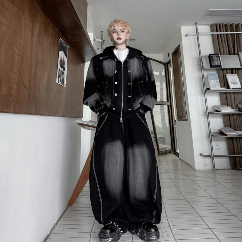 2026春装设计感美式高街撞色拼接牛仔夹克套装男水洗阔腿长裤一套,淘宝优惠券,粉丝福利购,淘宝优惠卷