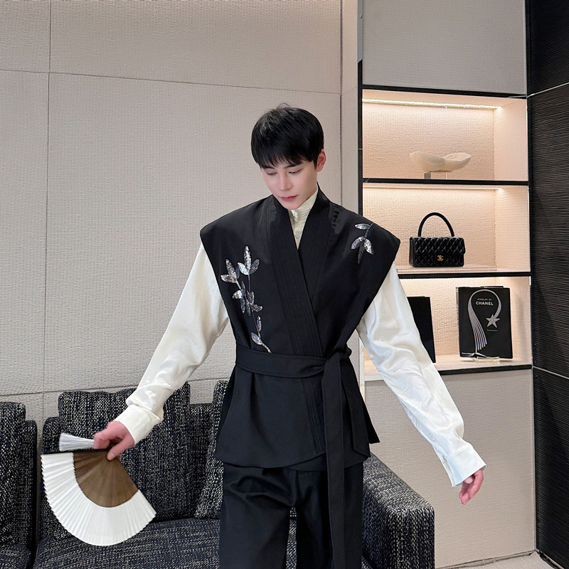 秋装新中式刺绣腰带开衫马甲男亮片设计感坎肩上衣高级感痞帅背心 - 图1