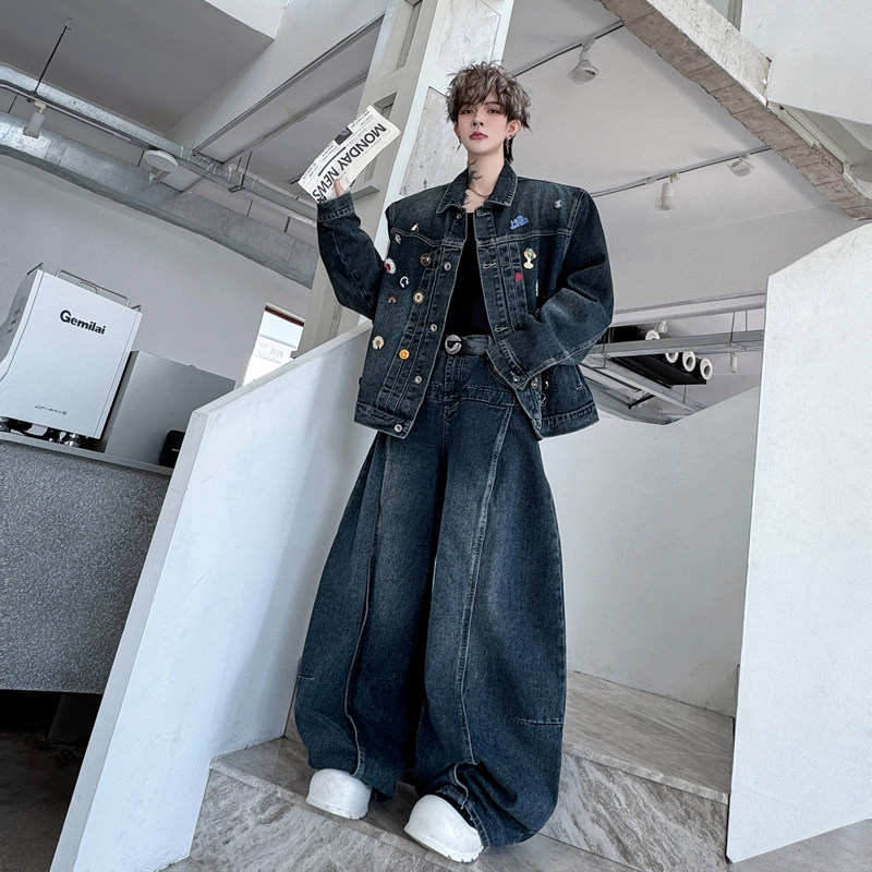 小众重工复古刺绣贴标装饰牛仔夹克外套高级感阔腿弯刀裤两件套潮,淘宝优惠券,粉丝福利购,淘宝优惠卷