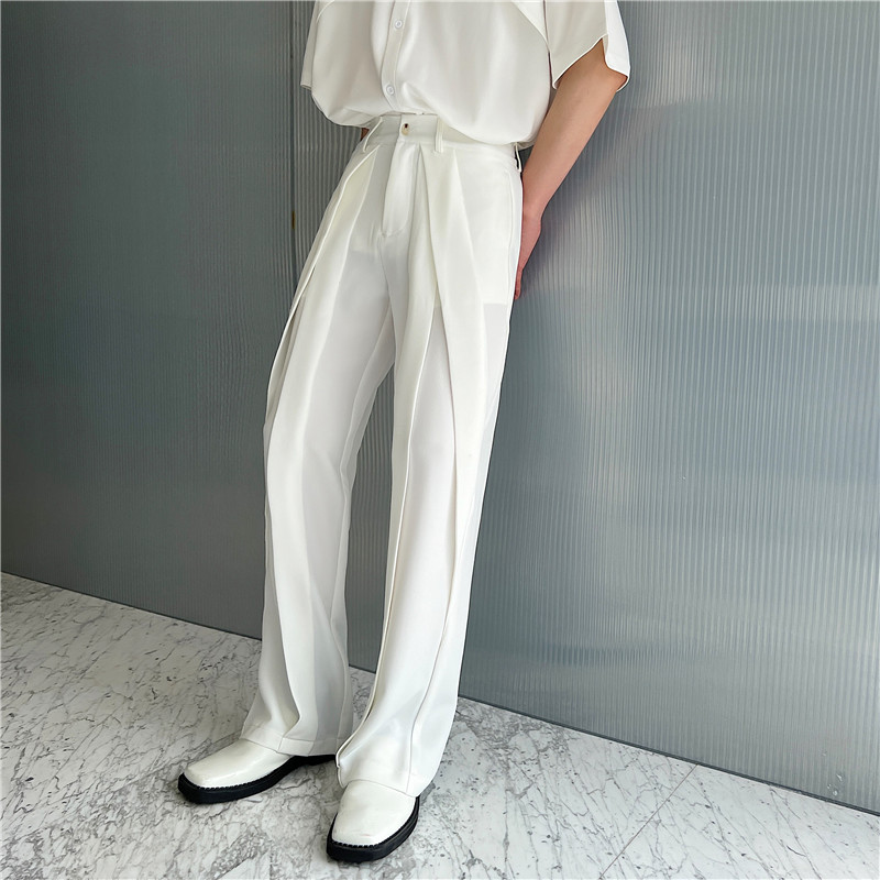 夏季休闲白色高级西装裤男韩版设计感贴布装饰坠垂感直筒皱褶长裤