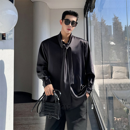 春夏小众法式垂感领带衬衫男长袖设计感痞帅丝滑面料韩版衬衣内搭 - 图1