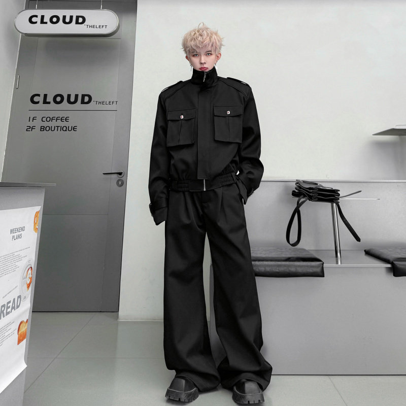 2026春装暗黑系立领口袋工装夹克套装男高级感痞帅阔腿长裤两件套,淘宝优惠券,粉丝福利购,淘宝优惠卷