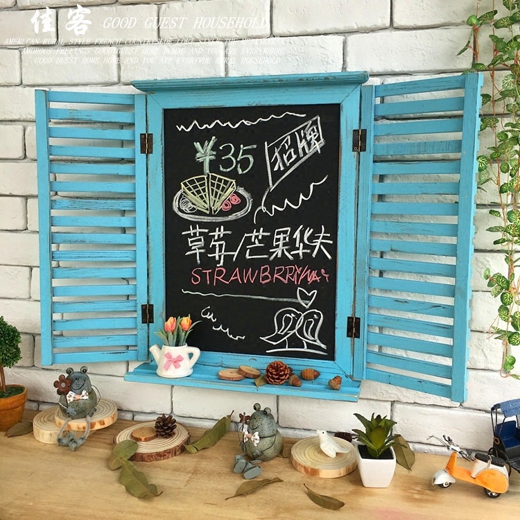 复古做旧实木咖啡厅酒吧创意壁挂黑板百叶窗假窗留言板壁饰背景 - 图1