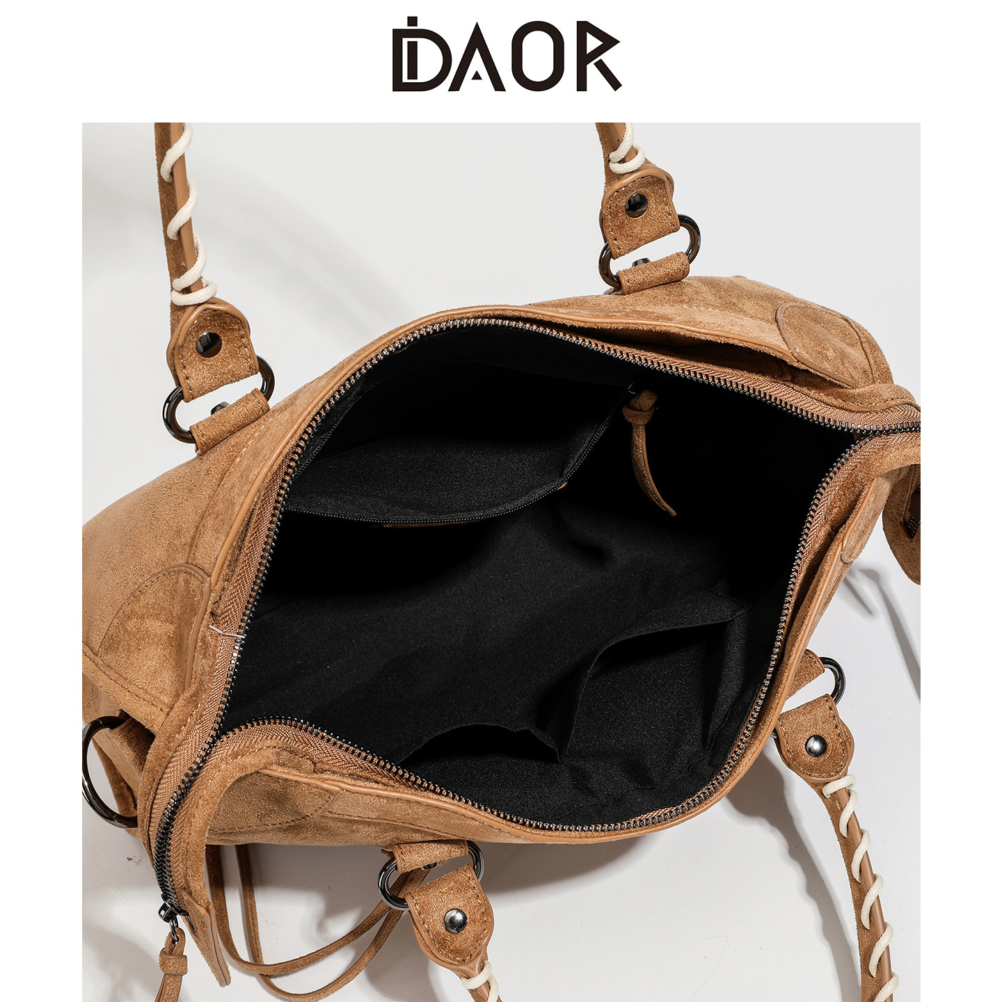 DAOR麂皮绒托特包女lecity铆钉机车包大容量复古手提包单肩斜挎包,淘宝优惠券,粉丝福利购,淘宝优惠卷