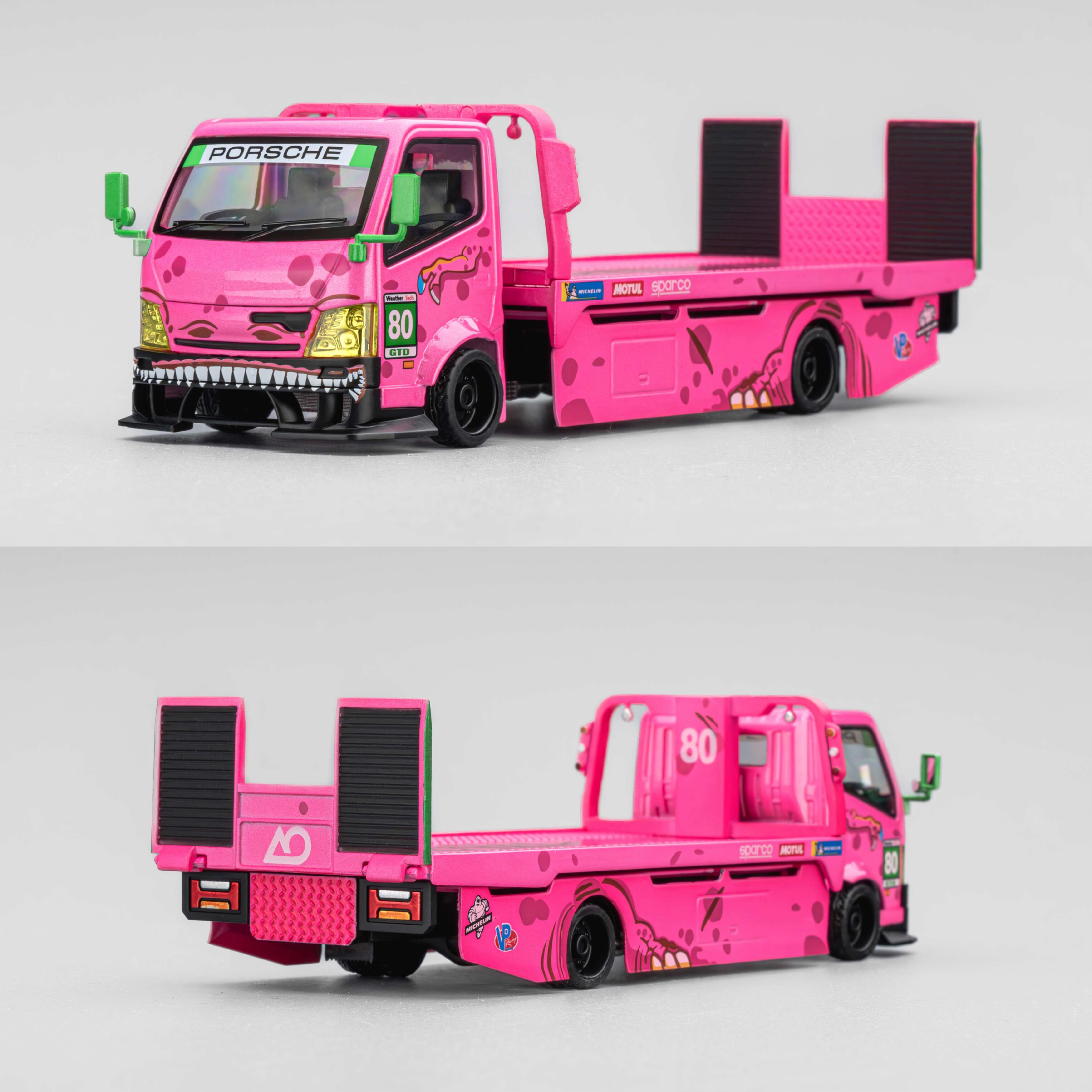 定 Micro Turbo MT 1:64 全落地平板改装拖车粉恐龙涂装 合金车模 - 图0