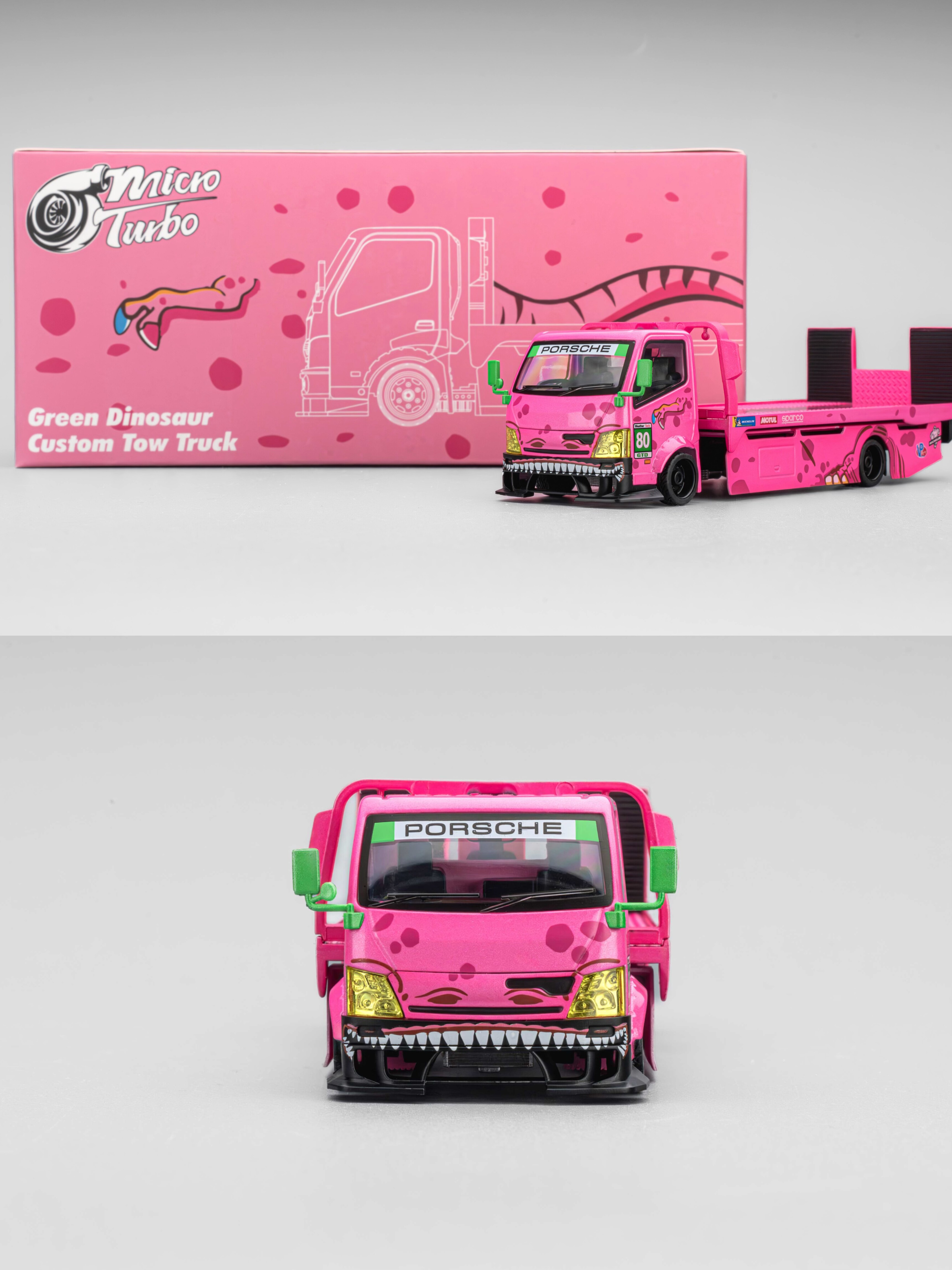 定 Micro Turbo MT 1:64 全落地平板改装拖车粉恐龙涂装 合金车模 - 图2
