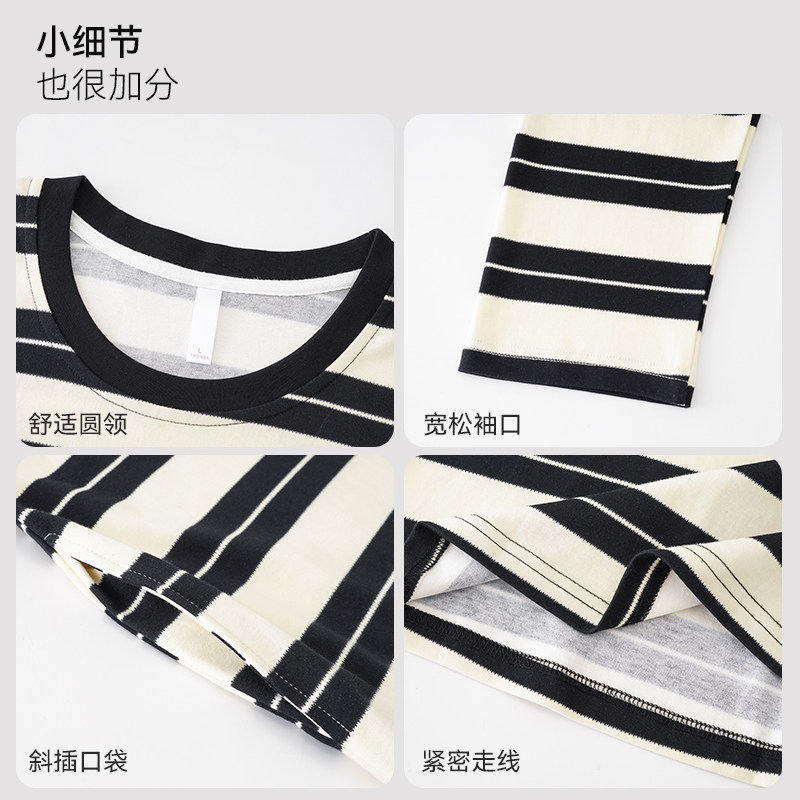 猫人纯棉睡裙女长袖睡衣2025新款圆领条纹简约中长款高级感家居服,淘宝优惠券,粉丝福利购,淘宝优惠卷