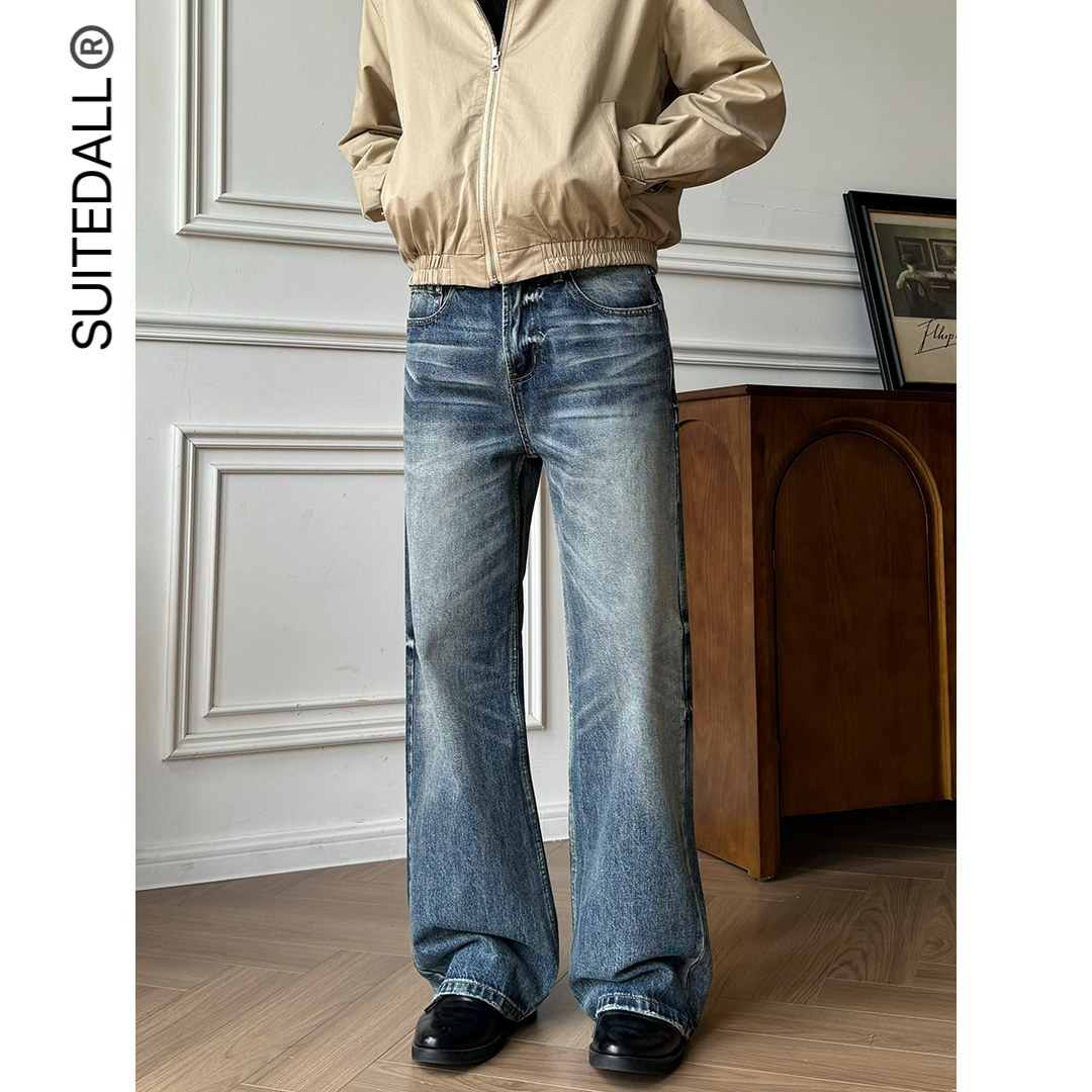 SUITEDALL深海蓝A字宽松直筒牛仔裤14oz立体猫须蜂窝百搭通勤长裤 - 图2