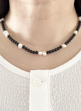 原创手作黑曜石珍珠串珠项链