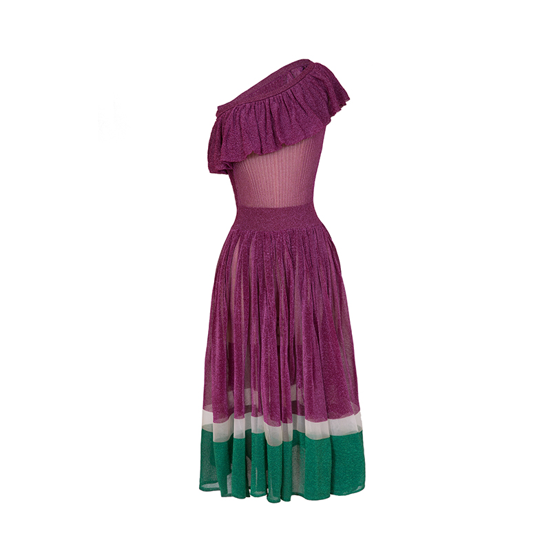原创设计LOU DE NANNAN春夏新款紫色亮丝单肩抹胸波褶针织连衣裙-图3