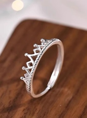 S999足银皇冠戒指女轻奢活口可调