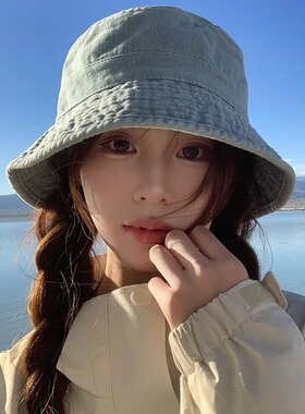 蓝色水洗牛仔渔夫帽子女新款日系百搭显脸小盆帽大头围防晒遮阳帽