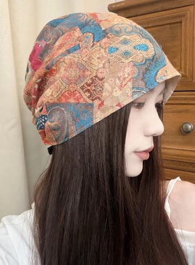 复古小众风油画印花扎染堆堆帽双面可戴透气帽子显脸小冷帽头巾帽