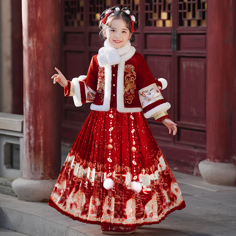 2025新款女童马面裙公主连衣裙子秋冬装汉服儿童装套装新年拜年服