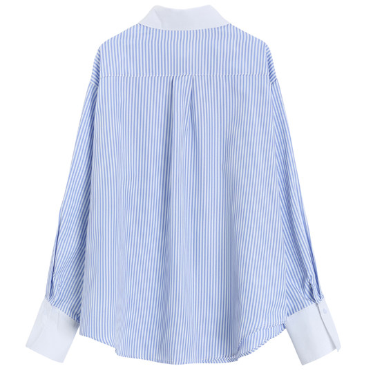 盐系蓝白条纹撞色长袖衬衫女2025春秋设计感小众显瘦百搭宽松上衣