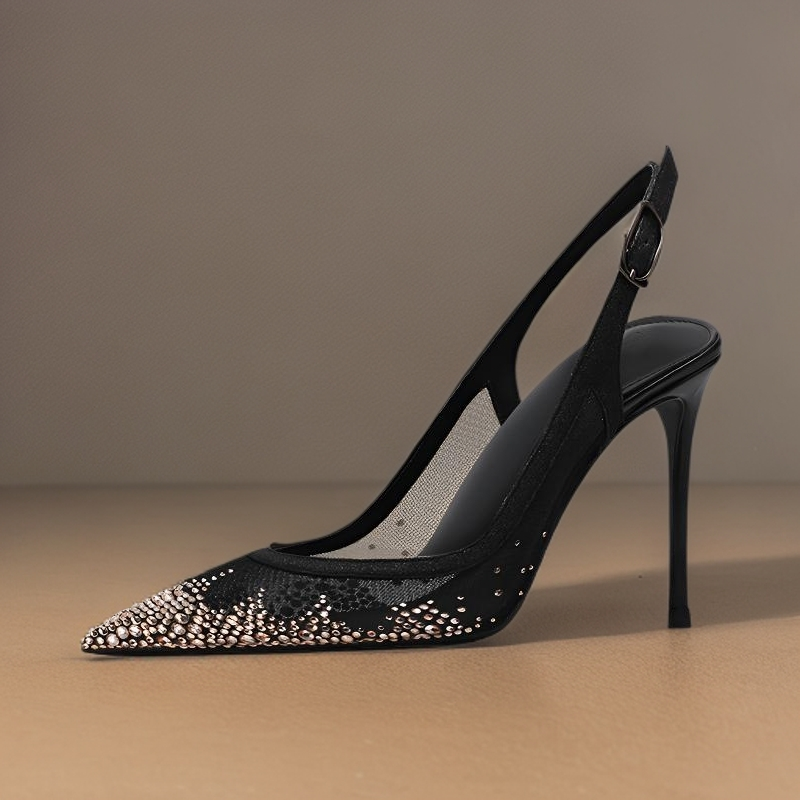 裸黑色网纱皇冠形状烫钻尖头后空绊带高跟凉鞋性感包头新款大码鞋,淘宝优惠券,粉丝福利购,淘宝优惠卷