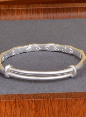 纯银手镯推拉可调节古法竹节女款