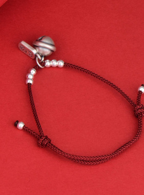 足银999.9做旧红绳铃铛手链