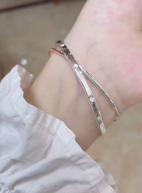 纯银双环手镯实心闭口光面银镯女