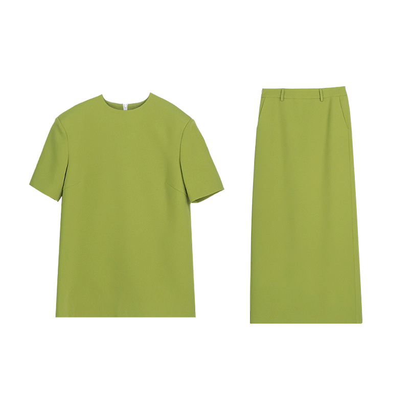 1CP 绿色短袖垫肩上衣长款半裙两件套女2024夏季新款粉黑时尚套装