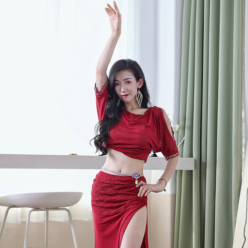 肚皮舞2024夏季新款练功服性感烫钻水纱套装东方舞演出表演服 - 图0