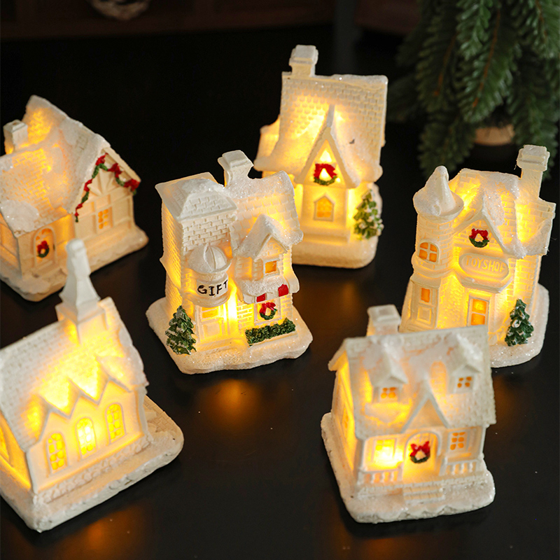 新款圣诞节装饰白色发光树脂小房子微景观小摆件圣诞节礼物 - 图0