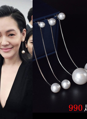 防过敏耳环韩国气质长款吊坠珍珠耳坠纯银耳夹时尚潮耳钉女超仙