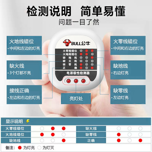公牛验电器插座相位仪测试仪电源地线零线火线极性检测器试电插头 - 图0