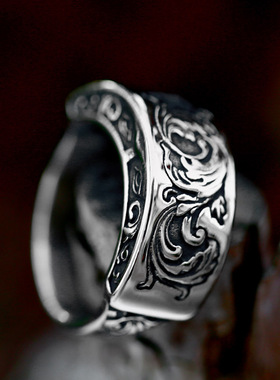「藤蔓奇遇」欧美复古植物雕花图腾戒指男板指花纹指环摇流大码
