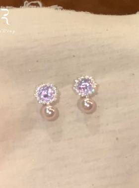 法式爆闪紫色雪花仿珍珠耳钉女