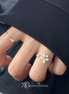 清冷感银色花朵羽毛戒指女