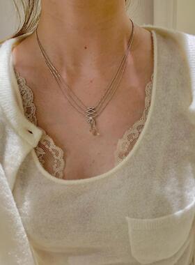 芭蕾丝带白水晶长款叠戴项链