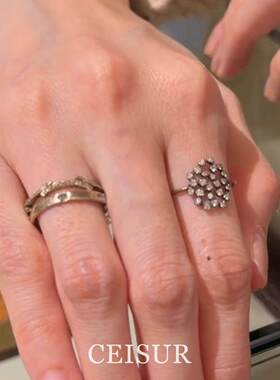 复古银色镂空雪花镶钻叠戴戒指女