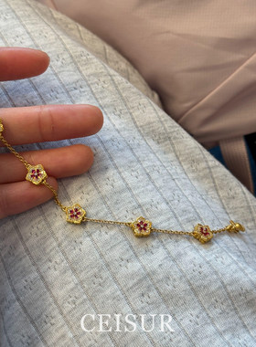 轻奢复古金色闪钻花朵手链女