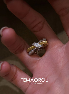 金银撞色闪钻拉丝蝴蝶结戒指女