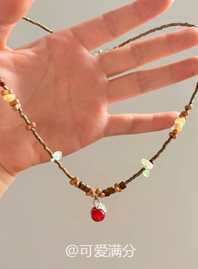 红色小樱桃项链女款复古锁骨链女