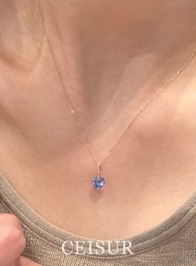 爆闪海蓝色仿钻爱心项链女